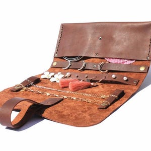 Personalized Brown Leather Jewelry Roll - Travel Organizer