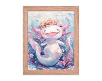 Axolotl Framed Watercolor Painting, Flower Crown, Art Print of Axolotl Nursery Wall Art Nursery Painting Baby Girl Baby Boy