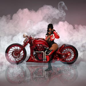 Peut inclure: Une moto rouge avec une femme assise dessus. La moto a une peinture personnalisée et de grandes roues. La femme porte un maillot rouge et blanc et un short noir. L'arrière-plan est un ciel nuageux et gris.
