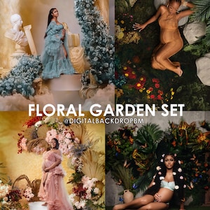 Puede incluir: Cuatro fondos de pantalla digitales con una variedad de arreglos florales y vegetación. Los fondos de pantalla son perfectos para sesiones de fotos de maternidad. El texto "FLORAL GARDEN SET @DIGITALBACKDROPBM" se muestra en el centro de la imagen.