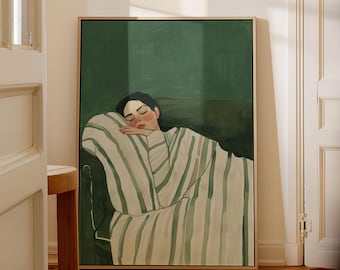Sleeping Woman Wall Art, Green Figurative Canvas Print, Cozy Resting Woman Portrait, Calm Bedroom Decor, Modern Boho Wall Art