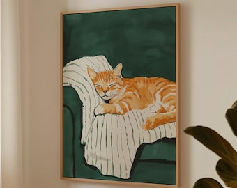 Cozy Orange Cat Wall Art, Sleeping Kitten Canvas Print, Cute Cat Illustration, Warm Nursery Decor, Cat Lover Gift Art