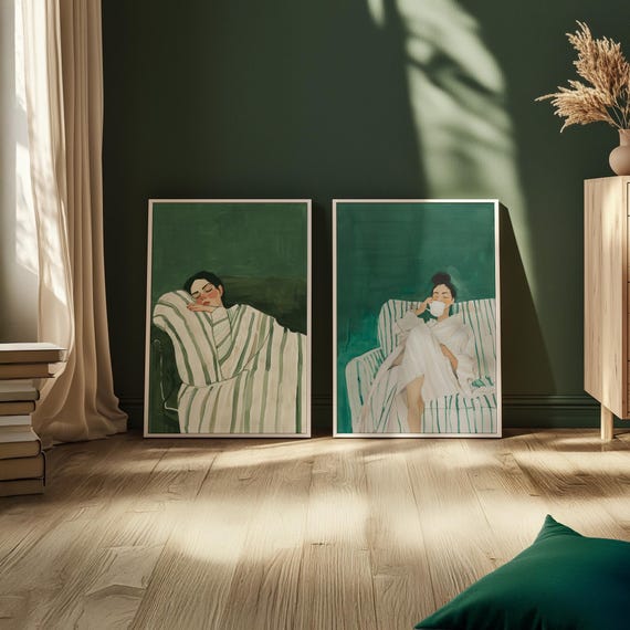 Sleeping Woman Wall Art: Emerald Green Abstract (Set of 2 Canvases)