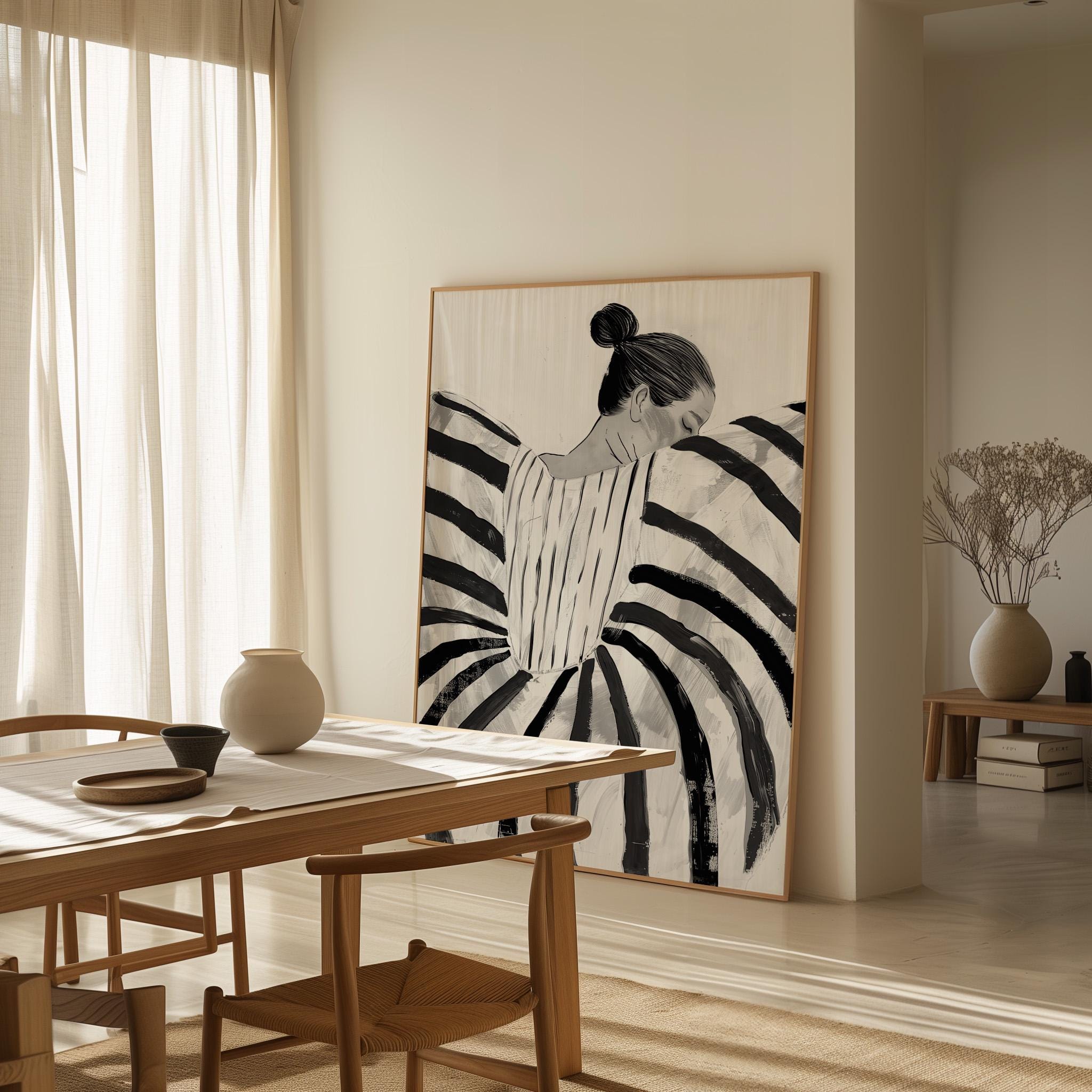 Canvas Wall Art: Abstract Woman in Striped Dress - Black & White - Etsy