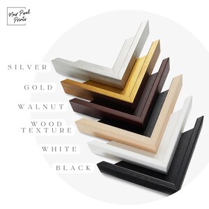 May include: A selection of picture frame corners in various colors, including silver, gold, walnut, wood texture, white, and black. The image displays the Noir Pixel Prints logo and text labels for each color option.