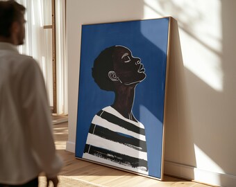 Abstract Woman Canvas Print, Minimalist Black White Blue (Framed or Unframed)