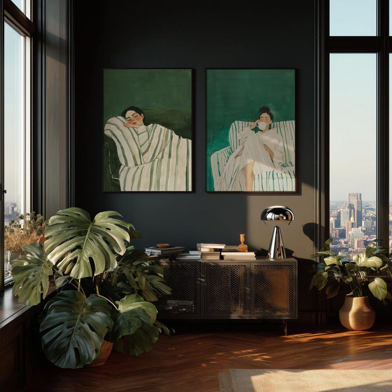 Sleeping Woman Wall Art: Emerald Green Abstract (Set of 2 Canvases) image 4