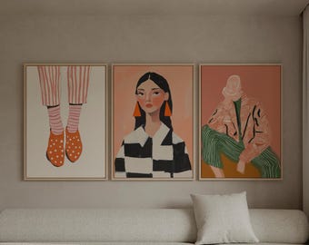 Mid Century Modern Canvas Set: 3 Abstract Portraits in Orange and Green
