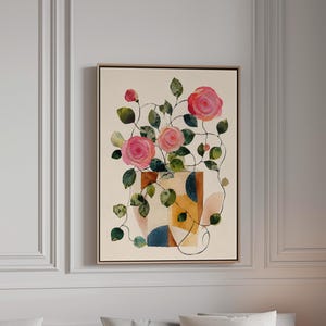 Roses Geometric Vase Canvas, Collage Bouquet Wall Art, Artistic Charm Print, Eclectic Floral Decor, Vertical Art