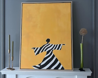 Dancing Woman Wall Art, Yellow Figurative Canvas Print, Striped Dress Illustration, Bold Minimalist Portrait, Modern Boho Decor