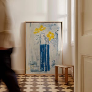 Floral Wall Art: Yellow Flowers in Blue Vase - Floating Wood Frame