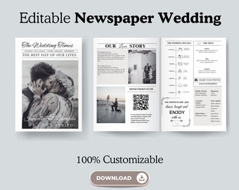 Editable Newspaper Wedding Program Template, Wedding Word Search, Canva Wedding Newspaper Template, Folded Wedding Day Program