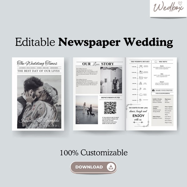 Editable Newspaper Wedding Program Template, Wedding Word Search, Canva Wedding Newspaper Template, Folded Wedding Day Program