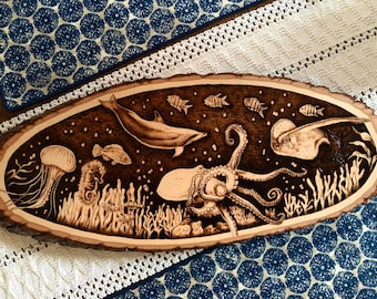 Handmade Pyrography Seascape: Wood Burned Ocean Life Wall Art