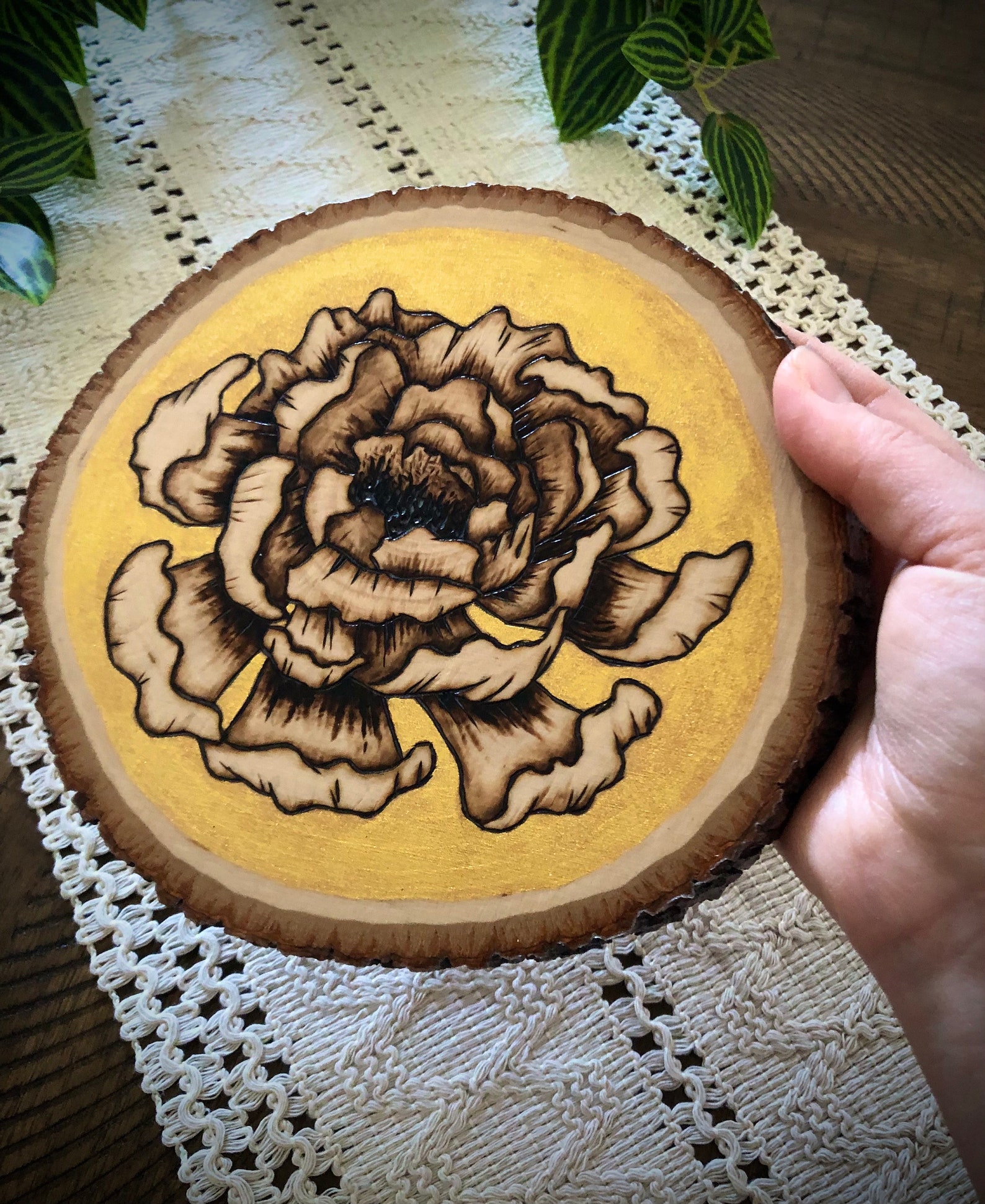 Handmade Pyrography Peony Flower Art on Basswood, Gold Accent - Etsy