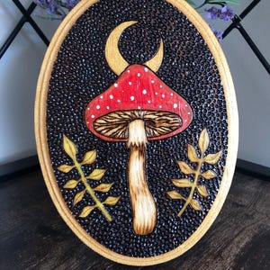 Wood Burned Mushroom Art: Crescent Moon & Leaves, Whimsical Decor
