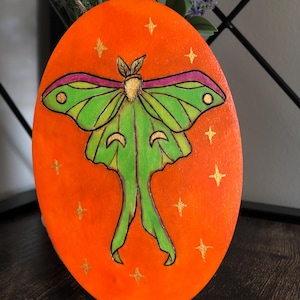 Handmade Wood Burned Luna Moth Art: Whimsical Pyrography Painting