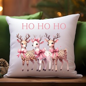 Reindeer Coquette Bow Pillowcase, Christmas Pillow Cover, Holiday Throw Pillow, Winter Home Decor Gift, Deer Pillowcase, Pink Cushion Cover