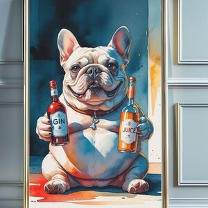 French Bulldog Bar Art Print, Frenchie Poster, Pet Lover&#39;s Gift, Dog Lovers Poster, Animal Wall Art, French Bulldog Gin Art Print, Bar Art