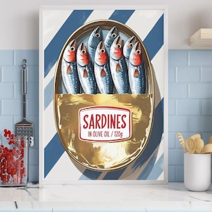 Sardine Tin Kitchen Wall Art, Retro Seafood Print, Foodie Kitchen Decor, Sardine Poster, Coastal Rustic Art, Food Gift, Retro Kitchen Poster