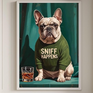 French Bulldog Wall Art Poster, Retro Dog with Cocktail Print, Dog Lover Gift, Dog Mom Art, Frenchie Dog Portrait, Mid Century Pet Decor
