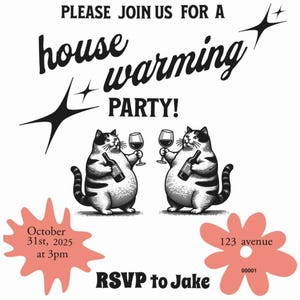Meowtastic housewarmingsuitnodiging, bewerkbare housewarminguitnodiging, minimalistische New Home Party uitnodigingskaart, uitnodiging housewarmingfeest