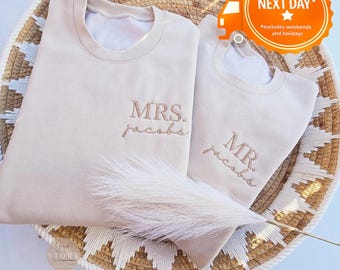 Custom Mrs. Embroidered Sweatshirt, Date On Sleeve, Gift For Bride, Future Mrs. and Mr Mrs Last Name, Engagement Gift, Hubby Wifey X1, X46
