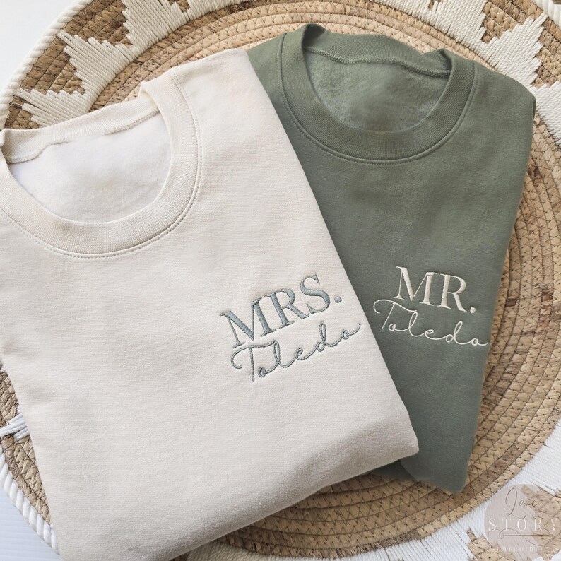 Custom Mrs. Embroidered Sweatshirt, MRS Sweater, Gift For Bride, Future Mrs. and Mr. Mrs Last Name, Engagement Gift, Hubby Wifey X1, X46