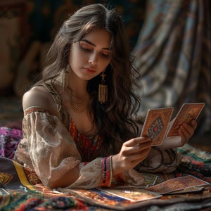 May include: A woman with long dark hair wearing a colourful patterned top and a gold necklace is holding a deck of tarot cards. She is sitting on a colourful patterned rug.