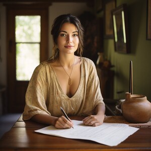 May include: A woman sits at a wooden table, writing on a sheet of paper with a pen. She is wearing a beige top with a floral pattern and a gold necklace with a pendant. The table is covered with a patterned tablecloth.