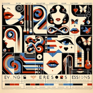 Op de afbeelding: Een kleurrijke abstracte kunstprint met geometrische vormen, gezichten en vlinders. De print heeft een gedurfd kleurenpalet van rood, blauw, zwart en wit. De tekst "EVANGERESOS ESSIONS" is onderaan de print gedrukt.