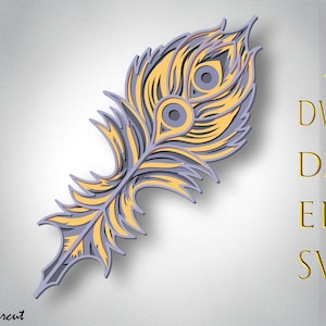 May include: A detailed, layered, yellow and purple peacock feather design. The feather is intricately cut with multiple layers, creating a 3D effect. This design is perfect for laser cutting and creating decorative items.
