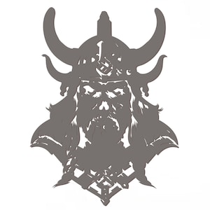 May include: A gray silhouette of a Viking warrior wearing a horned helmet with a beard and a chainmail shirt.