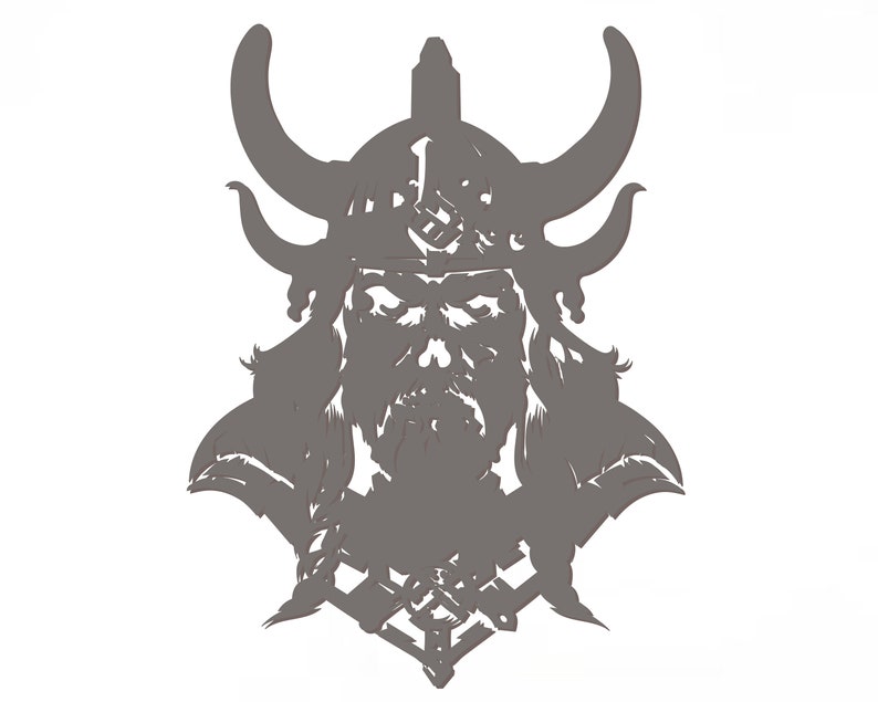 May include: A gray silhouette of a Viking warrior wearing a horned helmet with a beard and a chainmail shirt.
