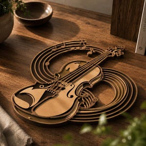Puede incluir: Una pieza de arte mural de madera en capas que presenta la silueta de un violín integrada con líneas de pentagrama curvas y notas musicales. El diseño utiliza varios tonos de madera marrón para crear profundidad y un efecto tridimensional.