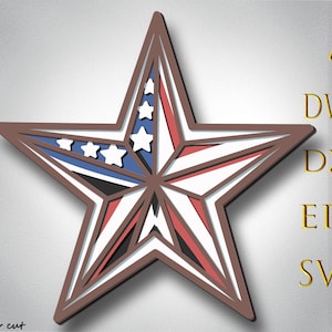 Estrela Patriótica Multicamadas Svg, arquivo de corte a laser, presentes de corte de papel, mandala 3D SVG, modelos DXF para roteador CNC, corte de madeira compensada, decoração para casa