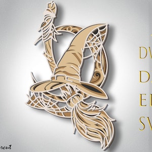 Strega multistrato Svg, file tagliati al laser con cappello da strega, mandala con scopa da strega, file tagliati per Halloween, capo strega a strati 3D, file tagliati in carta, taglio in compensato