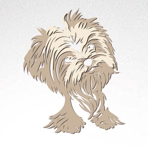 May include: A stylized illustration of a small, light brown dog with a fluffy, long coat. The dog has a white patch on its face and is looking directly at the viewer.