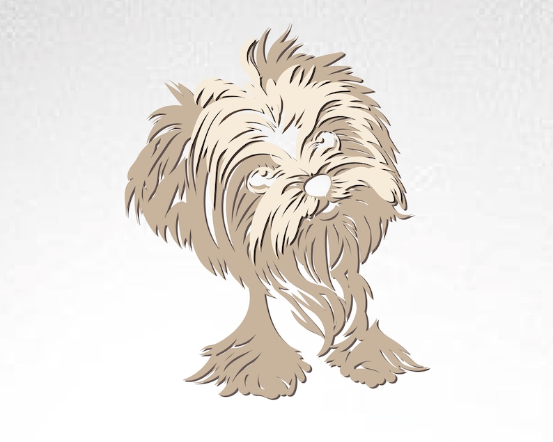May include: A stylized illustration of a small, light brown dog with a fluffy, long coat. The dog has a white patch on its face and is looking directly at the viewer.