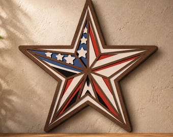 Patriotisk stjärna flerskikts SVG, laserskurna, pappersskurna filer 3D-lagermandala, plywoodskärning