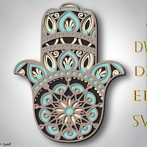 Könnte beinhalten: Ein mehrschichtiges dekoratives Hamsa-Hand-Design in Braun-, Schwarz-, Creme- und Türkistönen. Das Design weist komplizierte Muster und den Text "AI, DWG, DXF, EPS, SVG" in Gold auf. Die Worte "Bylaser cut" stehen in der unteren linken Ecke.