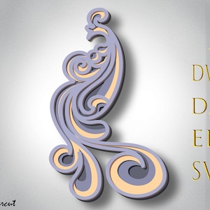 May include: A layered, intricate design with a swirling, floral pattern in shades of purple and beige. The design is reminiscent of a stylized bird or a decorative flourish. The image includes the text "AI, DWG, DXF, EPS, SVG".