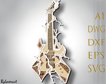 May include: A white electric guitar with intricate details, resembling vines or branches, is cut out of wood. The guitar is set against a grey background with the text "AI, DWG, DXF, EPS, SVG" in gold lettering.