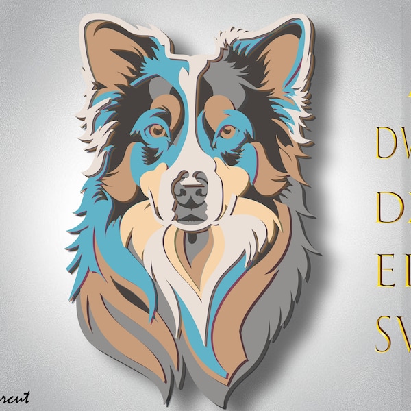 Perro pastor australiano multicapa Svg, corte láser para perros, corte de papel para perros, mandala 3d de pastor australiano, cnc para perros, corte de madera contrachapada para perros, decoración del hogar