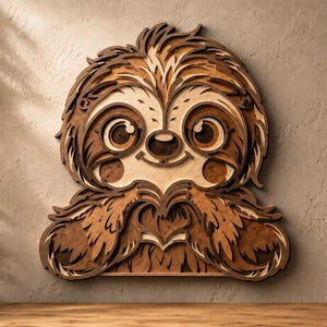 Puede incluir: Una pieza de arte mural de madera multicapa que representa un perezoso con ojos grandes y una nariz pequeña. El diseño presenta varios tonos de madera marrón y bronceado claro, con recortes intrincados que crean un efecto dimensional. El perezoso se muestra con sus patas formando una forma de corazón cerca de su pecho, mostrando texturas de pelaje detalladas y una construcción de madera en capas.