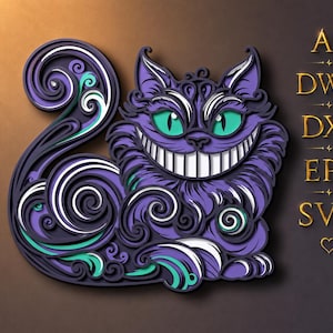 Puede incluir: Una ilustración de estilo papel recortado en capas de un gato con pelaje morado, una amplia sonrisa con dientes y ojos de color turquesa brillante. El diseño presenta remolinos intrincados. A la derecha, el texto AI, DWG, DXF, EPS, SVG en letras doradas.