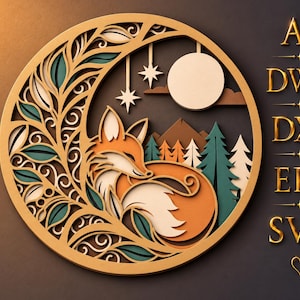 May include: A circular layered wood-style wall art piece featuring a fox curled up amidst intricate foliage, a moon, stars, and a mountain forest landscape. The text AI, DWG, DXF, EPS, and SVG is displayed vertically on the right side of the image.
