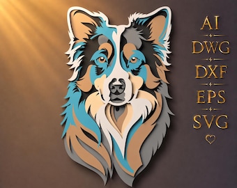 May include: A layered paper-cut style illustration of a dog head featuring shades of blue, tan, cream, and grey. To the right, the gold text reads AI, DWG, DXF, EPS, and SVG. The design displays intricate fur details and symmetrical facial features.