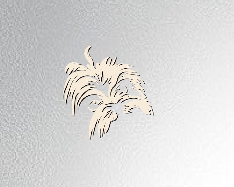 May include: A line drawing of a dog's face with a fluffy, shaggy appearance. The dog has a long snout and a bushy mustache.
