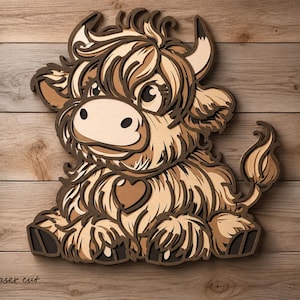 May include: A multi-layered wooden wall art piece depicting a cartoon Highland cow with shaggy fur, horns, and a heart-shaped patch on its chest. The design features various shades of brown and tan wood, with the text By laser cut in the corner.